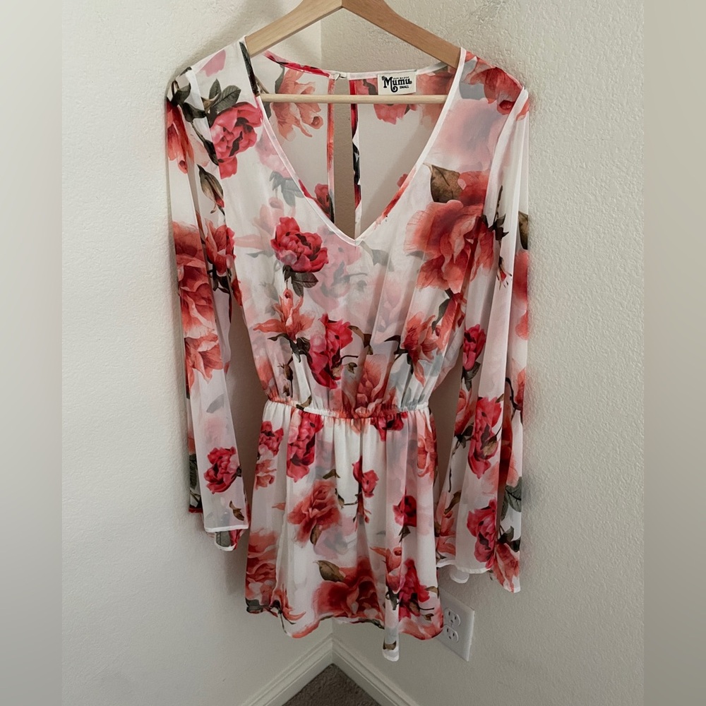 Show Me Your MuMu Dress Runway Mini Chiffon Flare Sleeves Floral Pink White